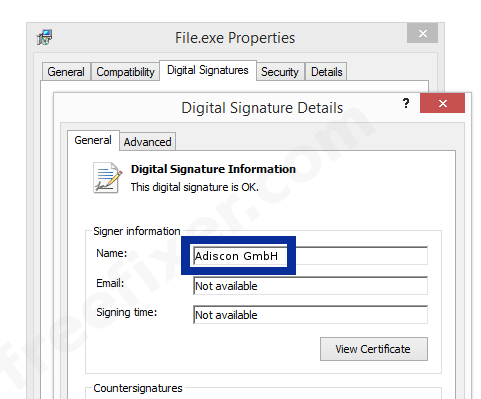 Screenshot of the Adiscon GmbH certificate
